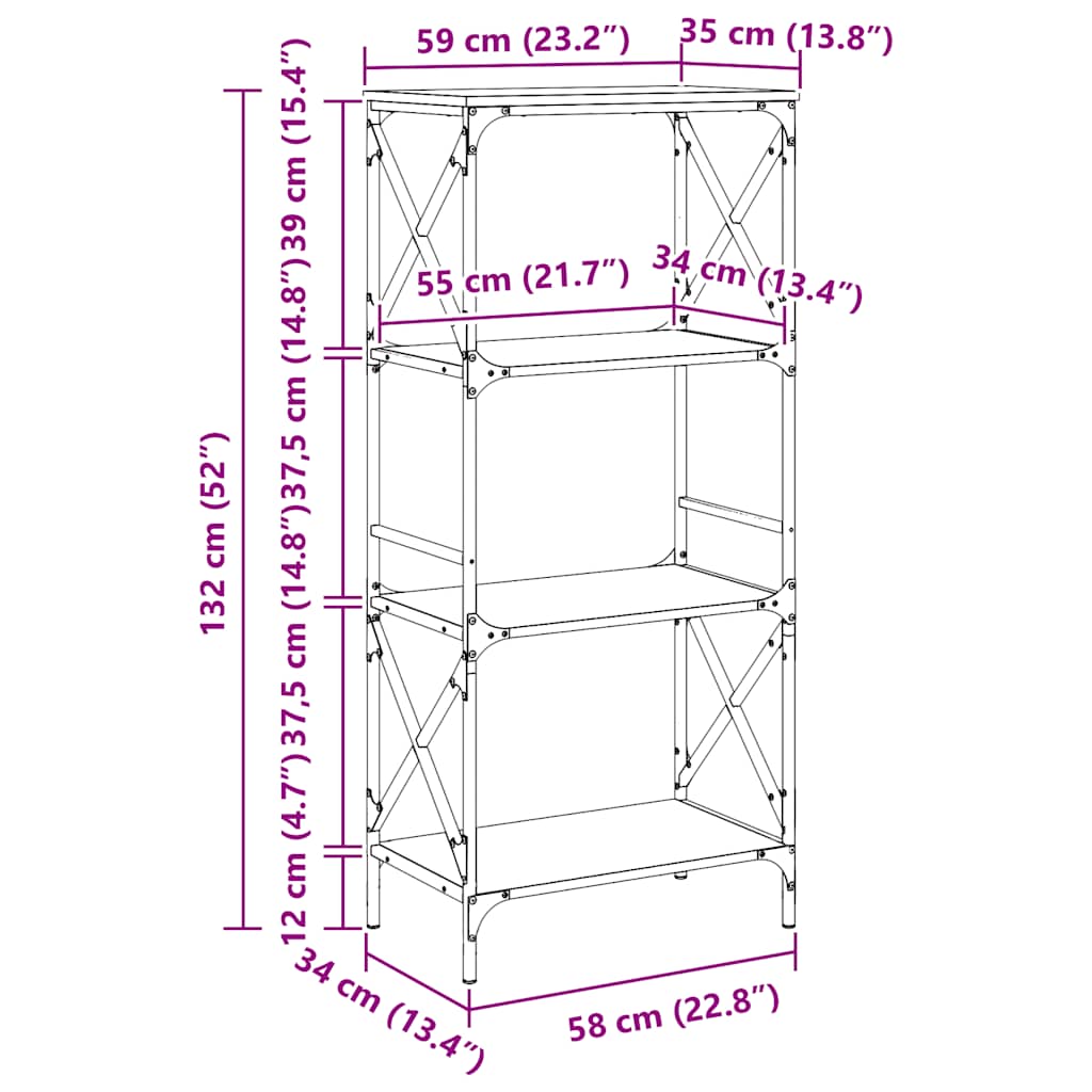 Bookcase 4-Tier Black 59x35x132 cm Engineered Wood